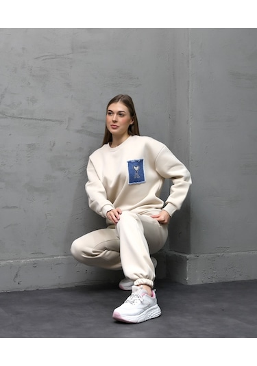 Calimera Kadın Sweatshirt 3 İplik Eşofman Takımı Oversize Beyaz