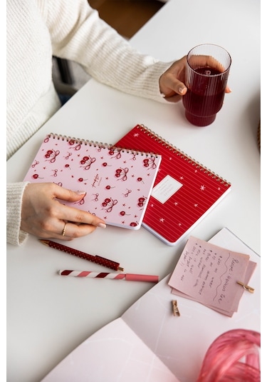 A5 Spiralli Karton Kapak 2 Li Set Düz Çizgisiz Okul Defteri 80 Yaprak, Ders Programlı Kiraz