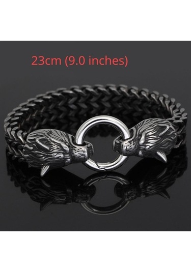 Novahub Siyah İskandinav Vintage Viking Paslanmaz Çelik Erkek Bilezik, Kurt Tasarımı, Erkeksi Görünüm, 21cm, Hediye İdeali Siyah
