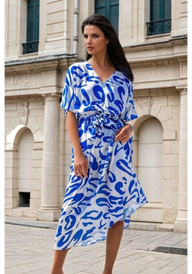 Mavi Beyaz Desenli, V Yaka, Kuşak Detaylı, Uzun Elbise Mavi