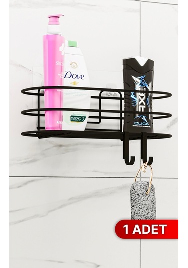 Banyo Düzenleyici Şampuanlık Sabunluk 1 Adet Oval Tel Yapışkanlı 2 Askılı Duş Rafı Organizer Siyah