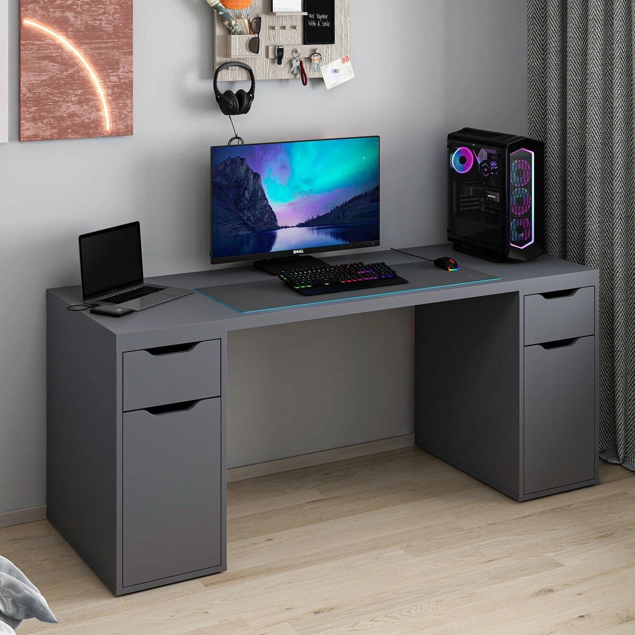 Alen 180 Cm 2 Çekmeceli 2 Dolaplı Çalışma & Oyuncu Masası - Antrasit Siyah