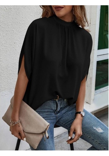 Yaz Dantel-up Leopar Baskı Batwing Kısa Kollu Bluz Zarif Gevşek Rahat Standı Yaka Gömlek Moda Şık Üstleri Kadın 25320 Siyah