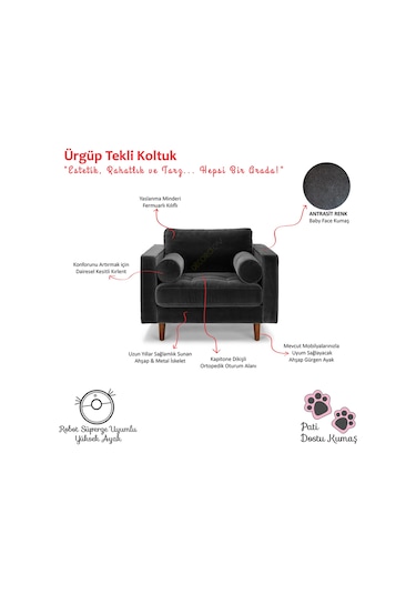 Ürgüp Antrasit Tekli Koltuk Berjer Lobby Koltuğu Terapi Bekleme Koltuğu Antrasit