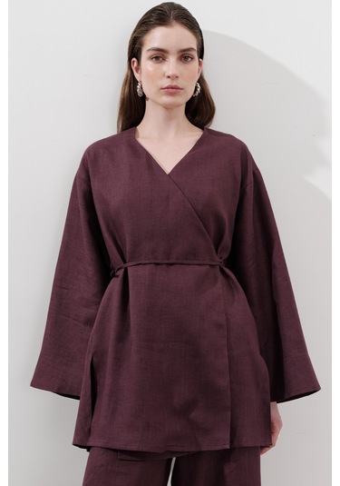 Keten Kruvaze Kapama Kimono Mürdüm Mürdüm