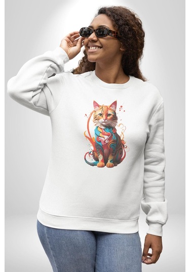Renkli Yağlı Boya Kedi Unisex Beyaz Baskılı Sweatshirt Beyaz