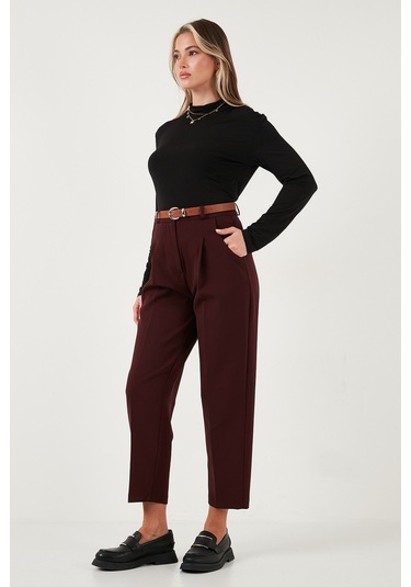 Lela Regular Fit Yüksek Bel Düz Paça Kemerli Bayan Pantolon 68350938 Mürdüm
