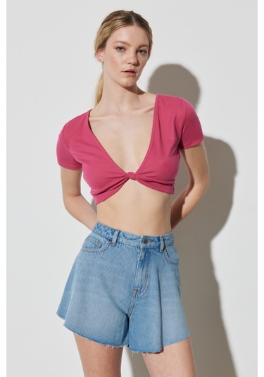 Regular Fit Normal Kesim V Yaka Pembe Crop Bluz Pembe