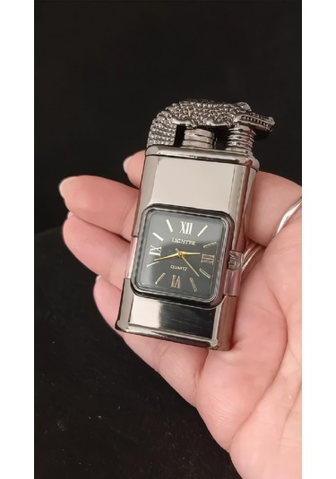 Füme Metal Timsah Başlıklı Saatli Jet Alevli Çakmak Çok Renkli