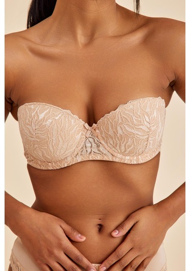 Amy Ten Balenli Dantelli Dolgusuz Pedli Toparlayıcı Straplez Sütyen Ten