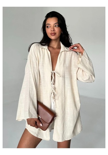 Taş Rengi %100 Keten Bağcık Detaylı Kimono Bluz Taş