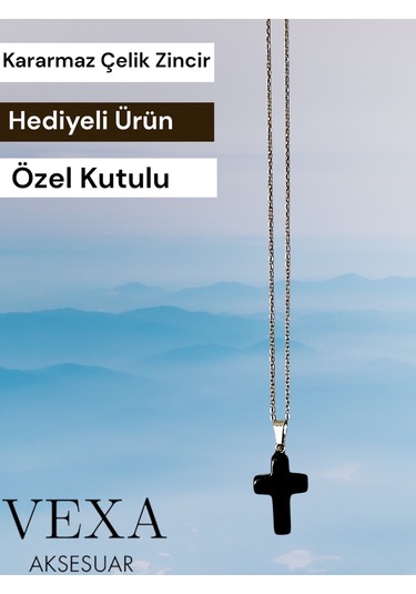İthal Çelik Oniks Taşlı Haç Kolye - Kararmaz İthal Çelik Zincir - Özel Kutulu Hediyeli Siyah