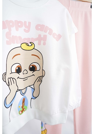 Kız Çocuk Happy And Smart Baskılı Pamuk Taytlı Takım Ekru