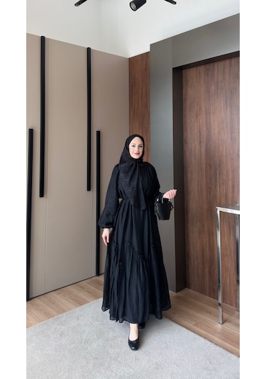 Caddebostan Moda Kadın Siyah Pamuklu Voal Tüllü Yazlık Tesettür Elbise