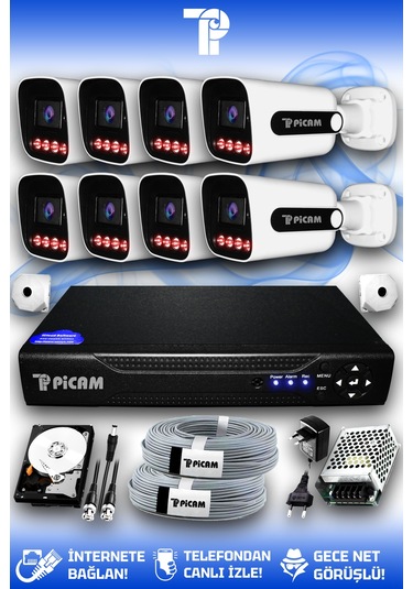 Picam 8 Kameralı Zebra 8 Dış Kamera Set 320 Gb 5 Mp 2k Net Gece Görüşlü Güvenlik Kamerası Sistemi