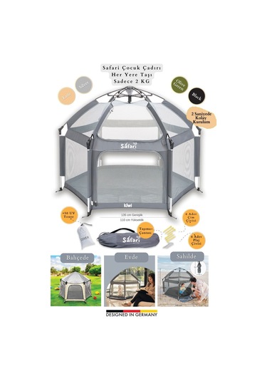 Kiwi Safari Çocuk-bebek Oyun Parkı Çadırı +50 Uv Korumalı,kolay Kurulum,alüminyum Sağlam Gövde - Gri