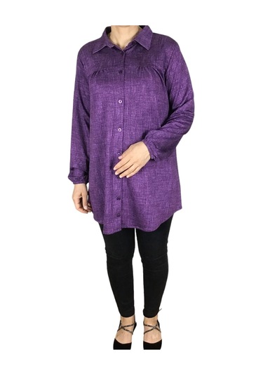 Mevsimlik Kolları Lastikli Boydan Düğmeli Gömlek Mor