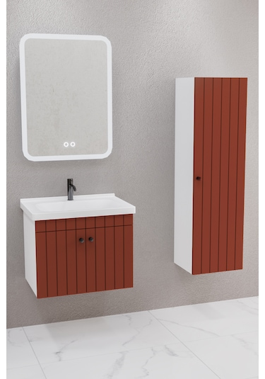 Avien 65 Cm Banyo Dolabı Cmr Led Aynalı Kiremit - Boy Dolap Dahil Kiremit