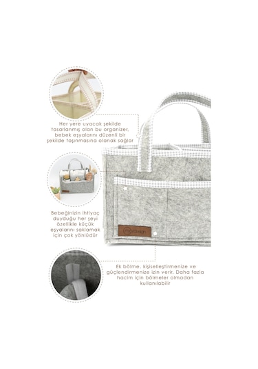 Mordesign Çok Amaçlı Kalın Keçe Anne Bebek Bakım Çantası Dolap İçi Organizer Scotch Serisi Gri