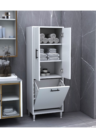 Makbulce Orkide Kirli Çamaşır Sepetli 2 Kapaklı Çok Amaçlı Dolap Beyaz