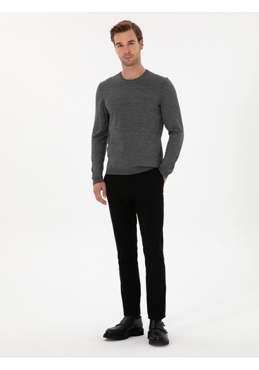 Cacharel Füme Slim Fit Yün Karışımlı Bisiklet Yaka Basic Triko Kazak Gri