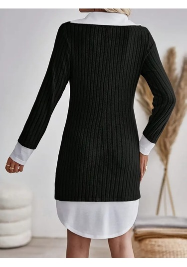 Kadın Uzun Kollu Yakalı Şardonlu Kaşkorse Dokuma Detaylı Elbise Siyah