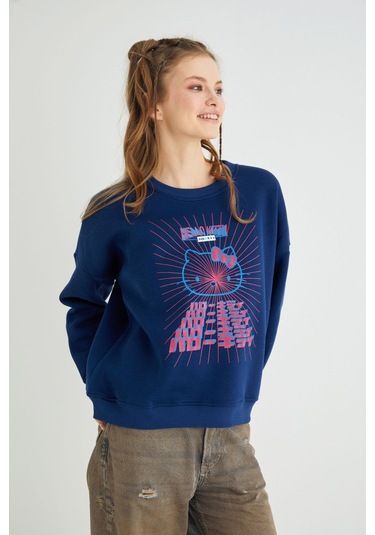 Hello Kitty Lisanslı Baskılı Kalın Lacivert Sweatshirt Renkli