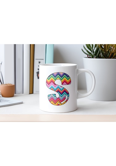 S Harfi Renkli Zigzag Desenli Kupa Bardak - Afrika Tarz Etnik Tasarım Kupa - Kişiye Özel Beyaz