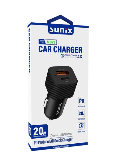 Sunix Araç Çakmak Şarj Aleti Qualcomm3.0 20w Hızlı Şarj Type C ve