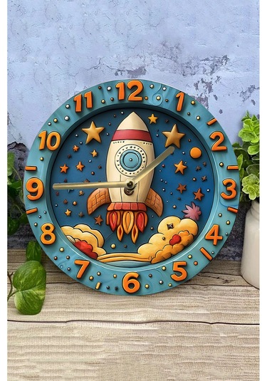 Roket Ve Uzay Temalı Çocuk Mdf Duvar Saati 3d Görünümlü, 2d Hd Baskı, Sessiz Mekanizma Sdw236 Renkli
