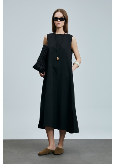 Lufian Grace Kadın Lyocell Karışımlı Keten Elbise Siyah Siyah 121290018100100 Siyah