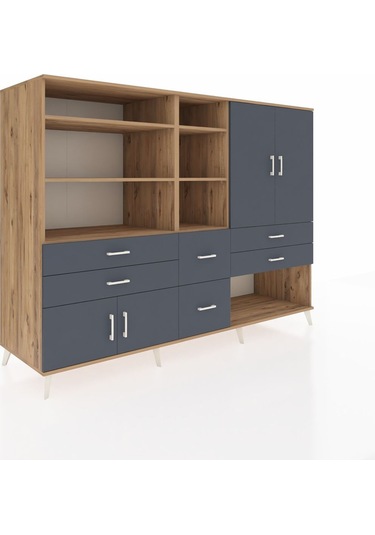 Kronos Dolap 10 Raflı 6 Çekmeceli 4 Kapaklı 220x59x163 Çam-antras Çam-antrasit