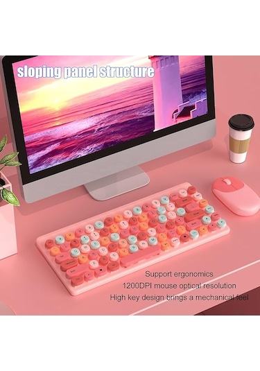 Cj Kablosuz Retro Klavye Ve Fare Seti Pembe Diğer