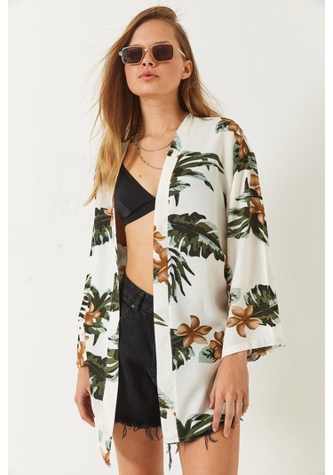 Shade Kadın Çiçek Desenli Kısa Viskon Kimono 60261498 - Ekru