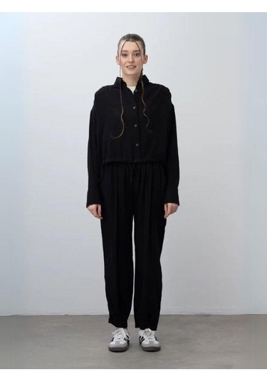 Kız Çocuk Müslin Kumaş Gömlek Pantolon Takım-15786 Siyah