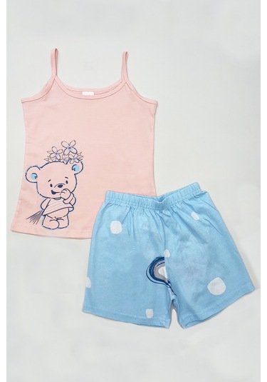 Kız Çocuk Şortlu Pijama Takımı Askılı Ayıcık Baskılı A13 Pembe