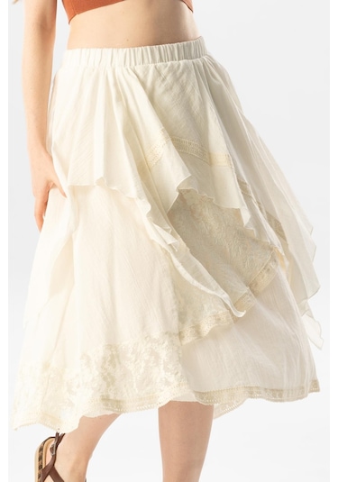 Salkım Vual Dantelli Saçaklı Uzun Yazlık Otantik Etek Krem Krm-krem Krem