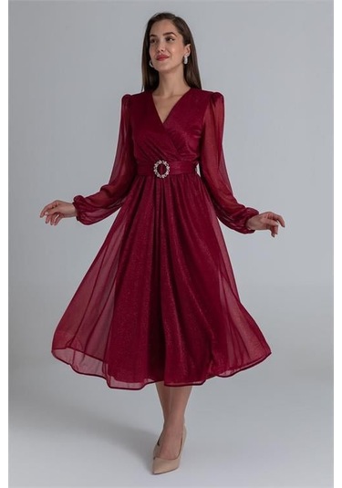 Dipmoda Kadın Kemerli Kruvaze Yaka Simli Gece Elbisesi Dpnbmy3590 Bordo
