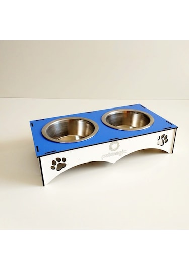 Petmagic Ahşap 2'li Mama Kabı İkili Ahşap Çelik Mama Kabı - Mavi