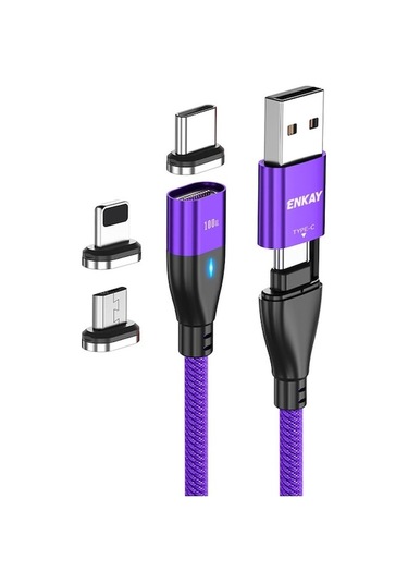 Rogfer Enkay 6'sı 1 Arada Pd100w Usb-a / Type-c - Type-c / 8 Pin / Mikro Usb Manyetik Hızlı Şarj Kablosu, Kablo Uzunluğu:2m Mor