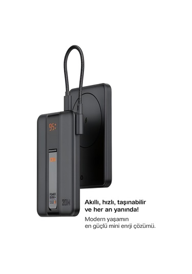 5000mah 20w Hızlı Şarj Dijital Gösterge Kablosuz Magsafe Powerbank Type-c Kablolu/girişli Standlı siyah