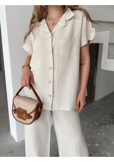 Keten Kısa Kollu Cepli Gömlek Pantolon İkili Takım - Beyaz Beyaz