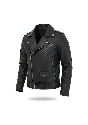 Erkek Siyah Yeni Sezon Çapraz Fermuarlı Kemerli Deri Ceket Mont-Siyah