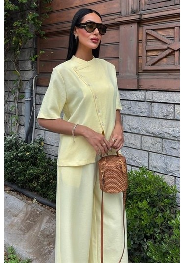 Sensuelle Hakim Yaka Çapraz Düğmeli Plazzo Pantolon Viscon Keten Takım 10209 Altın