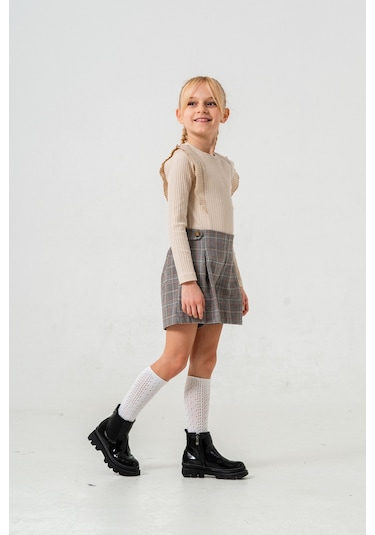 Smile Kids Apoletli Pileli Şortlu Kız Takım Bej