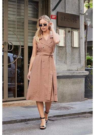 Kadın İpeksi Modal Likrasız Kumaş Anvelop Kruvaze Yakalı Cepli Bağcıklı Midi Boy Diz Altı Elbise-fındık Kabuğu Fındık Kabuğu