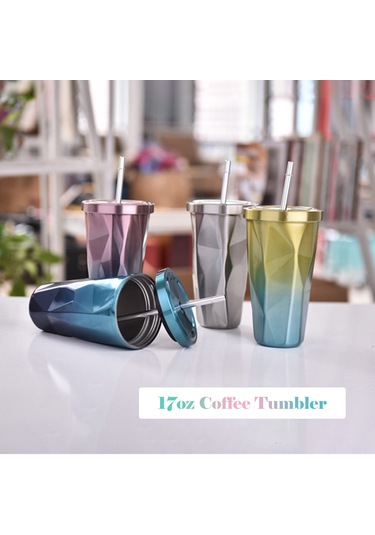 Monyee 500ml Siyah Diamond Çift Duvarlı Paslanmaz Çelik Termos Bardak, 6 Saat Isı Saklama, Kaşıntısız Kapak Ve Pipetli Seyahat Kupa Siyah