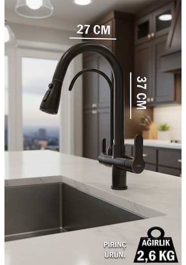 0650 Arıtmalı Spiralli Mutfak Bataryası Siyah Beyaz Krom Gold Renk Siyah