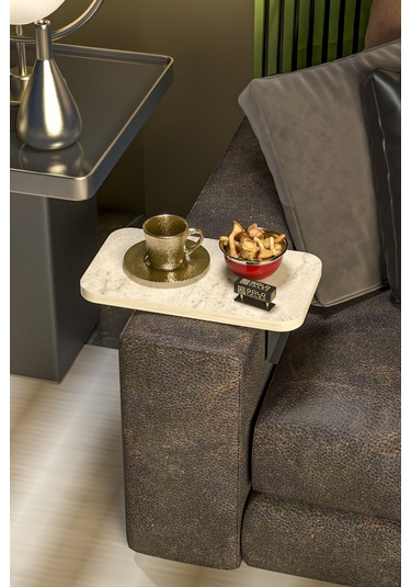 Yan Sehpa Ayarlanabilir Tepsi Dikdörtgen Dekoratif Modern Yatay Dikey Koltuk Sehpası Traverten Ekru