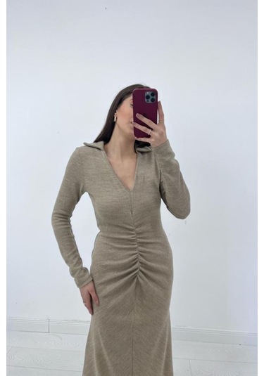 Bej Büzgülü Triko Balık Elbise Bej